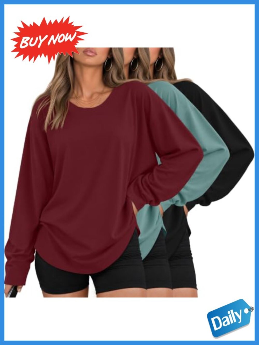 3 Pack Oversized Long Sleeve Scoop Neck T-Shirts Loose Fit Casual Tops